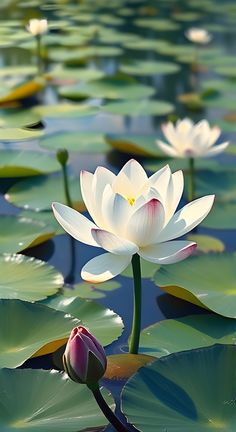 two white water lilies floating on top of green leaves