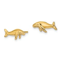 14k yellow gold whale stud earrings. Measure approximately 1/2"L x 1/16"W and have push backings. Whale Earrings, Gold Whale, Animal Earrings, Themed Jewelry, Fine Jewellery Earrings, Gold Material, Earings Piercings, Gold Earrings, Jewelry Watches