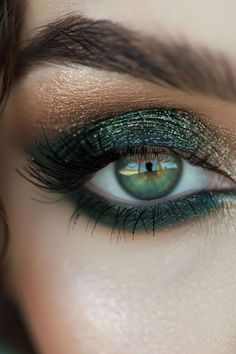 Smokey Green Eyeshadow Looks, Green Makeup For Blue Eyes, Makeup For Emerald Dress, Green Fairy Eye Makeup, Emerald Green Dress Makeup Ideas, Emerald Green Prom Makeup, Emerald Eyeshadow, Emerald Makeup, Fantasy Formal