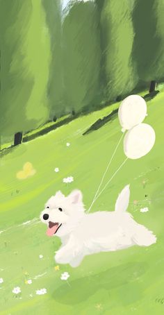 a painting of a white dog running with two balloons in the air on a green field