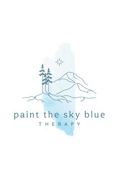 the logo for paint the sky blue therapy, with pine trees on a mountain in the background