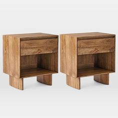 two wooden nightstands side by side with one open and the other closed