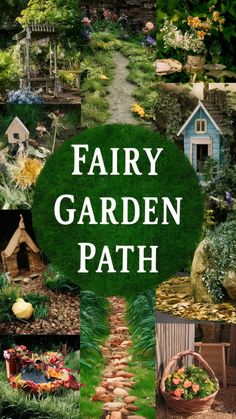 fairy garden path surrounded by lots of plants and rocks with the words fairy garden path on it