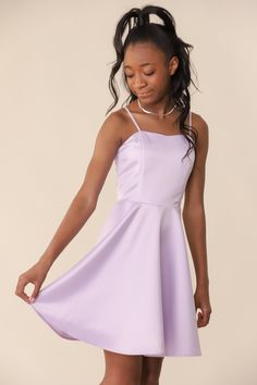 This is an all over non-stretch satin dress with adjustable straps, full circle skirt and features a high waist line. The dress hits above the knee and has a zipper back. Party Dresses For Teenage Girl, Conformation Outfit, Dresses For 13 Year Girl, Leavers Dresses, Elasticated Belts, Middle School Dance Dresses, Sp Characters, Fun Party Dress