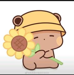 a cartoon bear holding a sunflower and wearing a hat with chinese characters on it