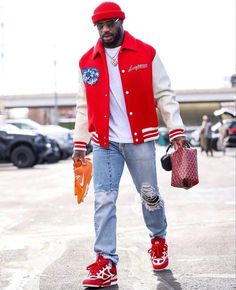 Letterman Jacket Outfit Men, Letterman Jacket Outfit, Black Mens Fashion Suits, Red Jacket Outfit, Black Teens Fashion, Monkey Jacket, Black Men Fashion Swag, African Clothing For Men