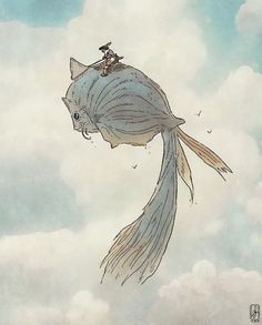 a drawing of a fish flying through the air with a man on top of it