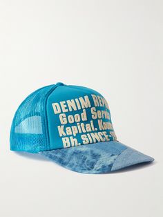 KAPTIAL's cap is part of the label's 'Kountry' range. Made in Japan and modelled on classic trucker styles, it has a breathable mesh back and canvas front panel mapped with rubberised logos. The curved brim is made from panels of upcycled denim, so no two styles are quite the same. Blue Hats, Accessory Inspo, Cap For Men, Patchwork Denim, Hat Ideas, Upcycled Denim, Blue Hat, Printed Canvas, Denim Patchwork