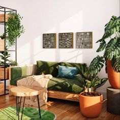 a living room filled with lots of green furniture and potted plants on top of wooden floors