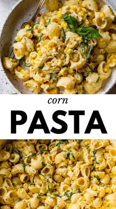 two pictures with different types of pasta in them and the words corn pasta on top