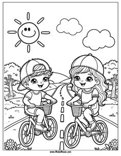 two children riding bikes on the road with sun and clouds in the sky behind them