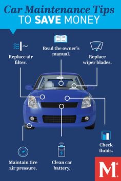 car maintenance tips to save money info graphic on blue background with information about the cars