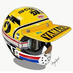 a drawing of a yellow motorcycle helmet with the words yamaha on it's side