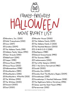 the family - friendly halloween movie bucket list is shown in red and black text on a white background