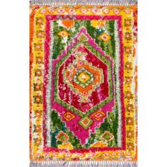 a colorful rug with fringes on the bottom and an orange, pink, green, yellow