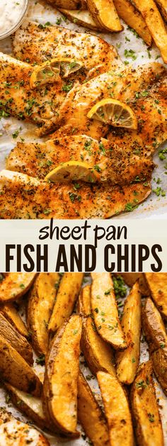 fish and chips on a plate with the title overlay reads sheet pan fish and chips