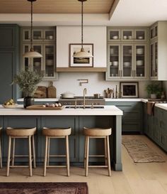 an image of a kitchen setting with bar stools and island in the foreground