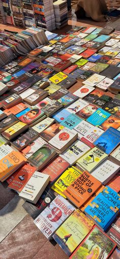 many books are laid out on the ground