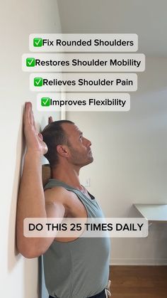 a man leaning up against a wall with the text fix shoulder shoulders restores shoulder mobility and reverses shoulder pain improve flexibility