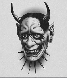 a black and white drawing of a demon with horns on it's head is shown