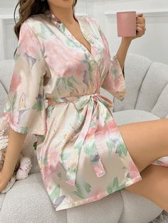 Floral Printed Satin Bathrobe Multicolor Elegant  Three Quarter Length Sleeve Satin All Over Print Robes Non-Stretch All,Fall/Winter Women Sleep & Lounge, size features are:Bust: ,Length: ,Sleeve Length: Silk Bathrobe, Women Robes, Summer Loungewear, Kira Kosarin, Fairy Figurines, Printed Robe, Women's Robe, Satin Pyjama Set, Women Nightwear