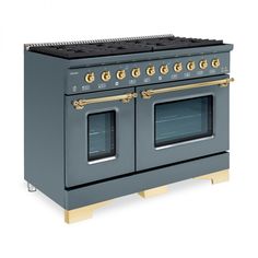 a gray stove with two ovens and gold trimmings on the front, against a white background