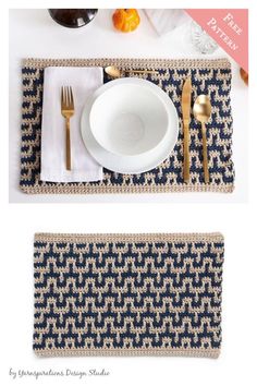 the placemats are next to each other and have goldware on top of them