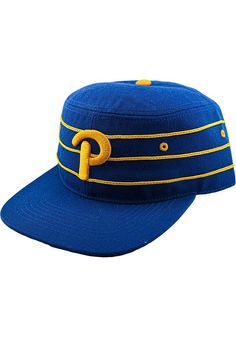 a blue hat with yellow stripes and a letter p on the front, sitting against a white background