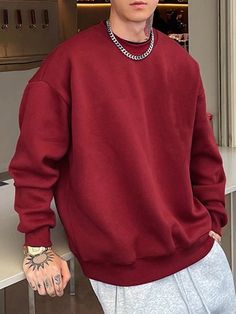 Burgundy Casual Collar Long Sleeve Fabric Plain Pullovers Embellished Slight Stretch Fall/Winter Men Clothing Red Sweatshirt Outfit Men, Colourful Mens Fashion, Red Shirt Outfit Men, Red Fashion Men, Red Outfits Men, Sweatshirt Outfit Men, Red Sweater Outfit, Oversize Outfit