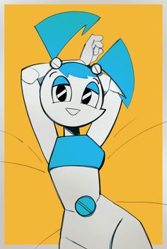 a cartoon character with blue and white hair holding his hands up in the air while standing on