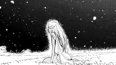 a black and white drawing of a woman sitting in the snow at night with her head down