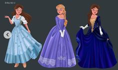 three princesses in different dresses standing next to each other