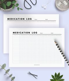 two medical log pages on top of a desk next to scissors and plant potted plants