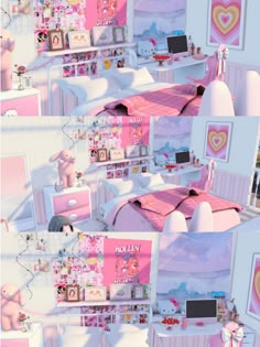 this is a collage of pink and white bedroom furniture with pictures on the wall