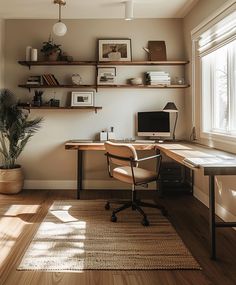 a home office with wooden floors and shelving above the desk, along with a potted plant