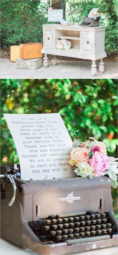 an old fashioned typewriter with flowers on it