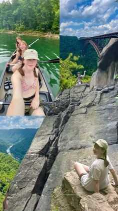 two women are sitting on the rocks and one is in a boat with a bridge above them