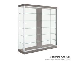 a display case with glass shelves on the front and bottom, shown in grey color