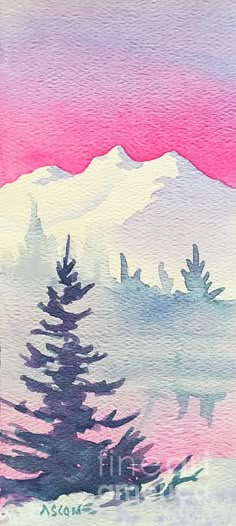 watercolor painting of mountains and trees with pink sky