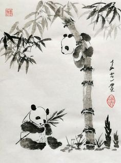 a panda bear sitting on top of a bamboo tree next to a tall bamboo tree