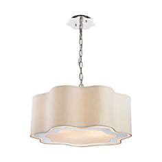 a chandelier with a white shade hanging from it's ceiling light fixture