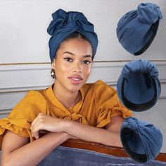 Chic Knotted Turban Headwrap Elevate your style with this chic knotted turban, crafted from soft, comfortable fabric in a stunning deep blue hue. Perfect for any occasion, this elegant headwrap adds a touch of sophistication and flair to your look, whether you're dressing up for a special event or adding a stylish twist to your everyday outfit. The pre-tied knot design ensures a secure and effortless fit, making it a versatile accessory that combines fashion with convenience. Hijabs Type:... Vintage Turban, African Turban, Style Français, Bandana Headband, Fashion Cap, Beanie Style, Turban Headwrap, Hair Cover, Make Beauty