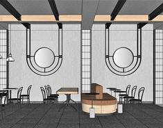 an artistic rendering of a restaurant with tables and chairs, round mirrors on the wall