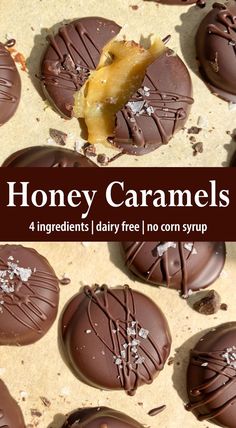 chocolate covered cookies with white sprinkles on top and the words honey caramels above them