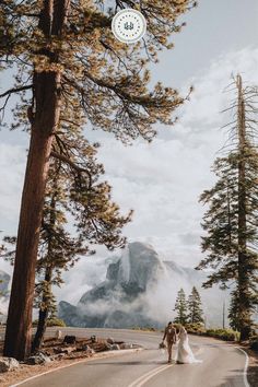 two brides walking down the road in front of mountains and trees with a sign above them