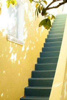 blue steps leading up to a yellow building with a tree in the foreground and sunlight shining on it