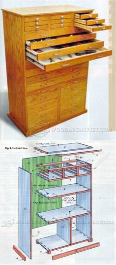 the plans for an office desk with drawers are shown in two different styles and sizes