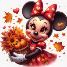 a cartoon mouse holding a basket full of autumn leaves