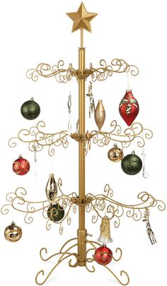 a gold christmas tree with ornaments hanging from it's sides and a star on top