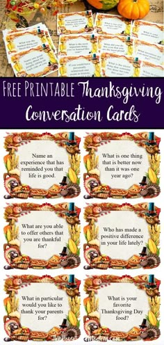 thanksgiving conversation cards with pumpkins and other items on the table in front of them